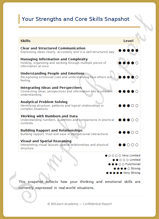 Strengths and core skills snapshot from CPPA psychometric report